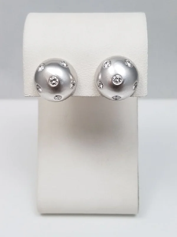 Glittery Silver Earrings-Chic 14k White Gold Natural Diamond Dome Earrings