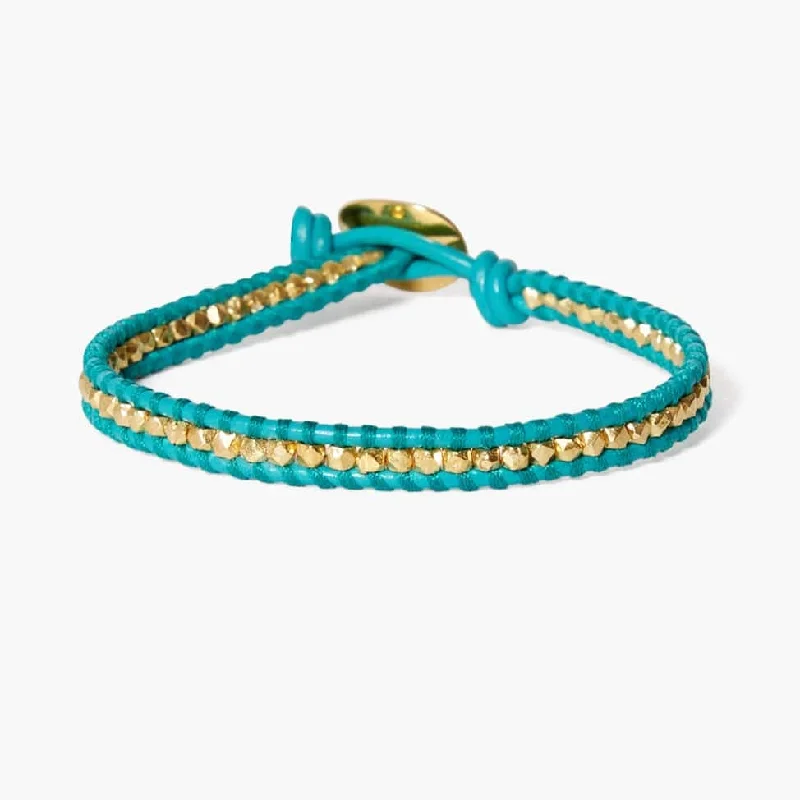 Luxury Gold Cuff Bracelets-Single Vermeil Nugget Wrap Bracelet with New Turquoise Leather