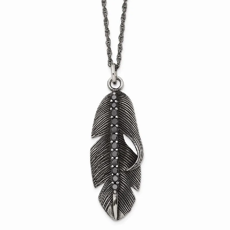 Customizable Gold Choker Necklaces-Stainless Steel Polished/Antiqued Feather w/Black CZ Necklace