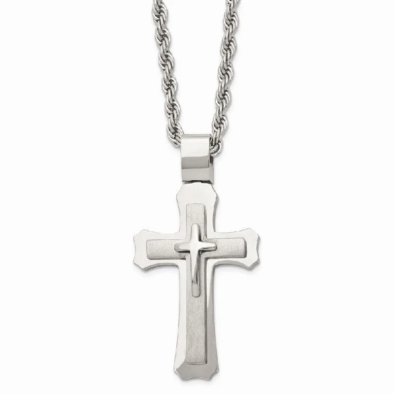 Modern Pendant Necklaces-Stainless Steel Brushed and Polished Triple Layer Cross Necklace