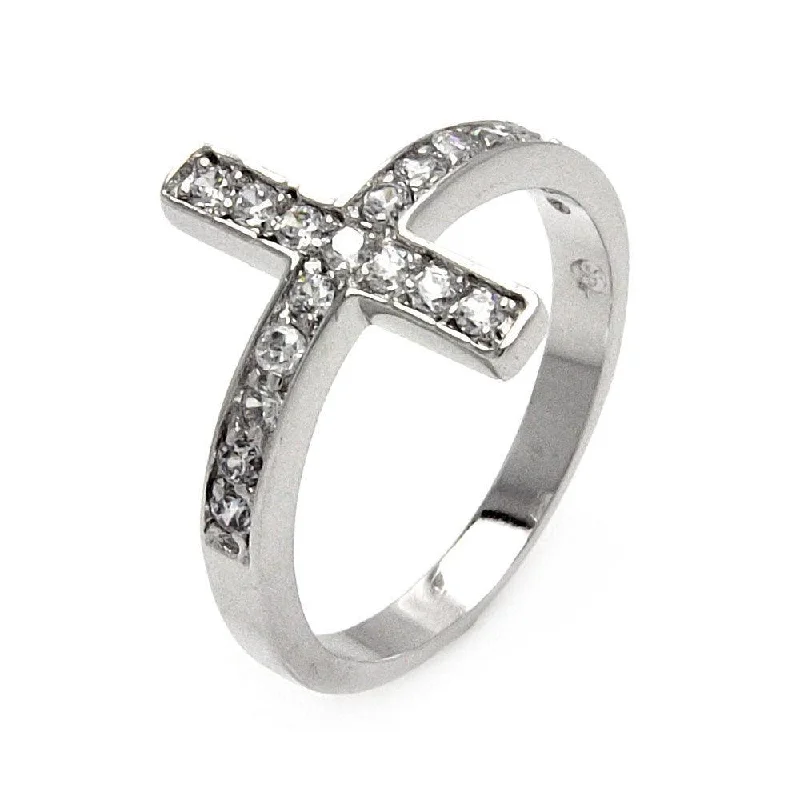 Colorful Wedding Rings-Silver 925 Rhodium Plated Clear Pave Set CZ Cross Ring - BGR00536