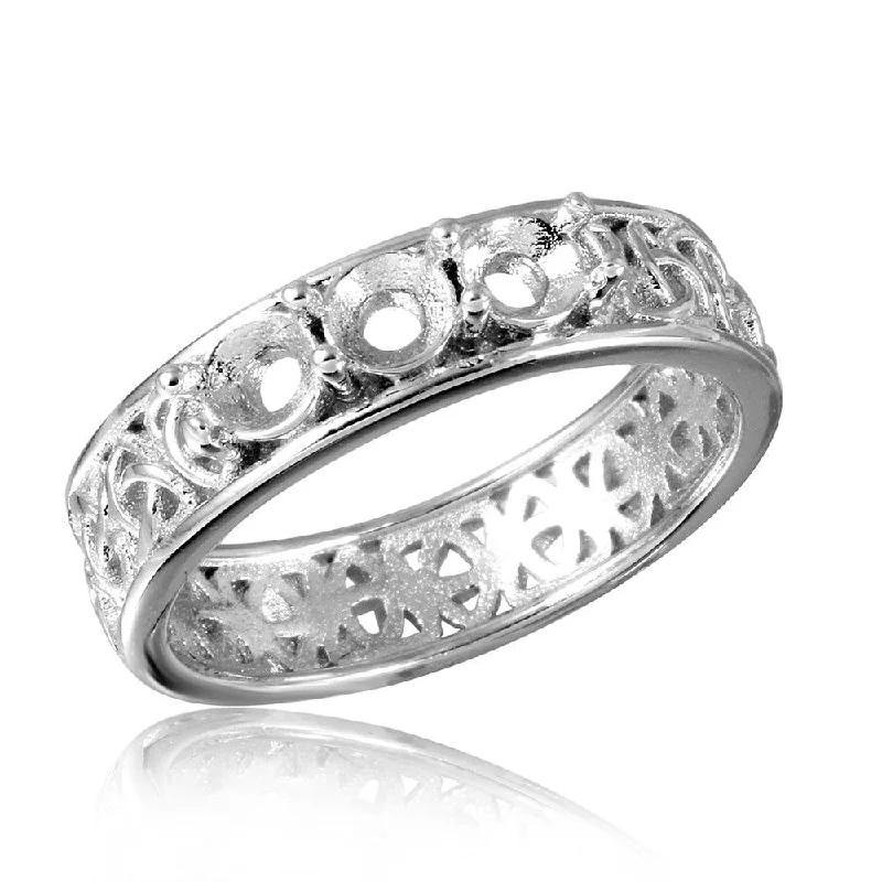 Vintage Wedding Bands for Women-Silver 925 Rhodium Plated Celtic Designed Band 3 Stones Mounting Ring - BGR00829