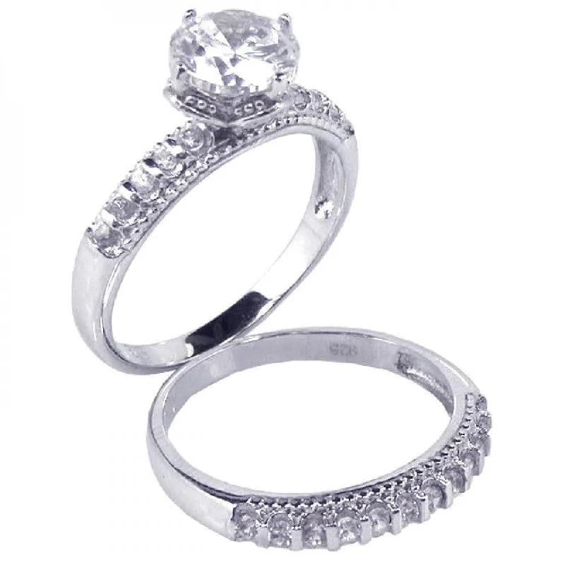 Vintage Engagement Rings-Silver 925 Rhodium Plated Clear Round CZ Bridal Ring Set - STR00388