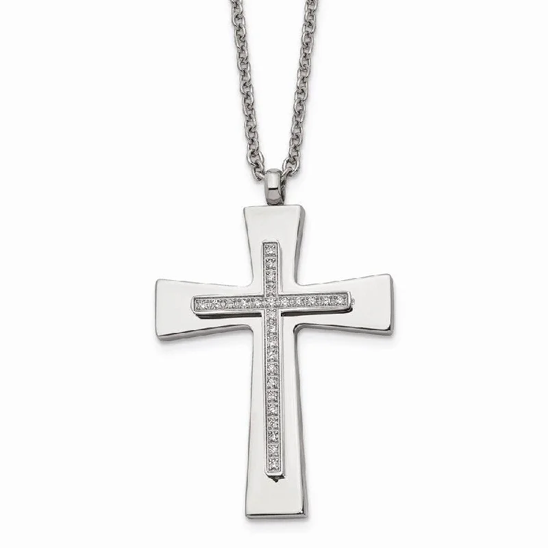 Chunky Statement Necklaces-Stainless Steel Polished CZ Cross Necklace