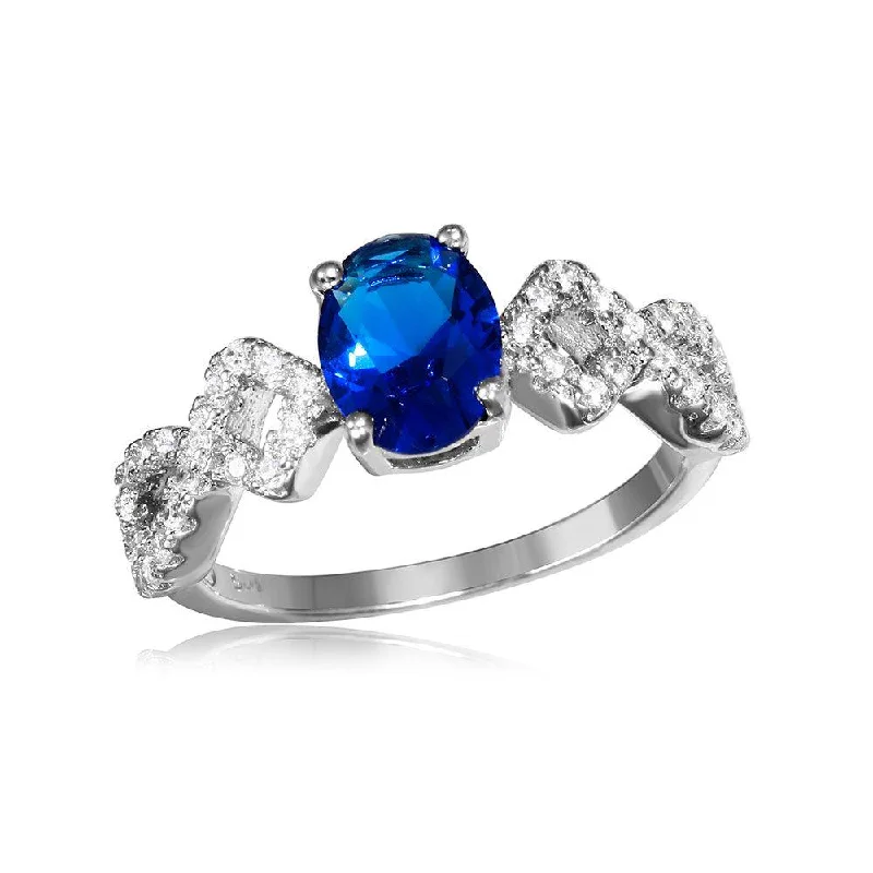 Sparkling Wedding Rings-Silver 925 Rhodium Plated Sapphire Center Stone Ring with CZ Shank - BGR01053