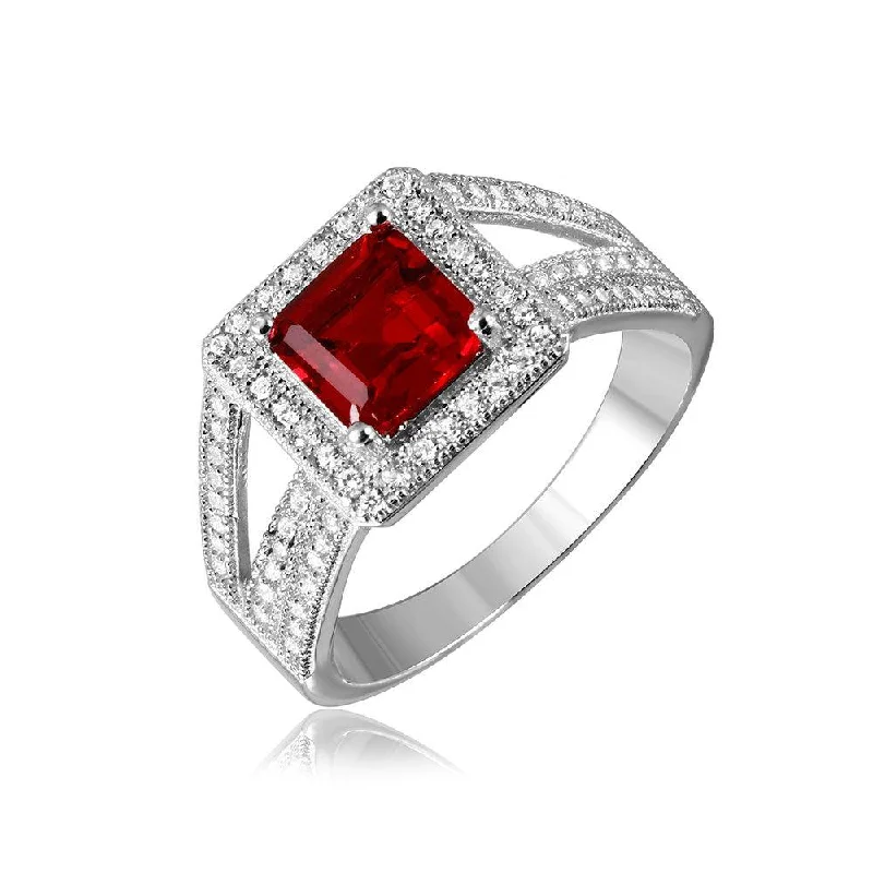 Fashion Rings for Men-Silver 925 Rhodium Plated Red Square Halo with Micro Pave CZ Ring - GMR00103R