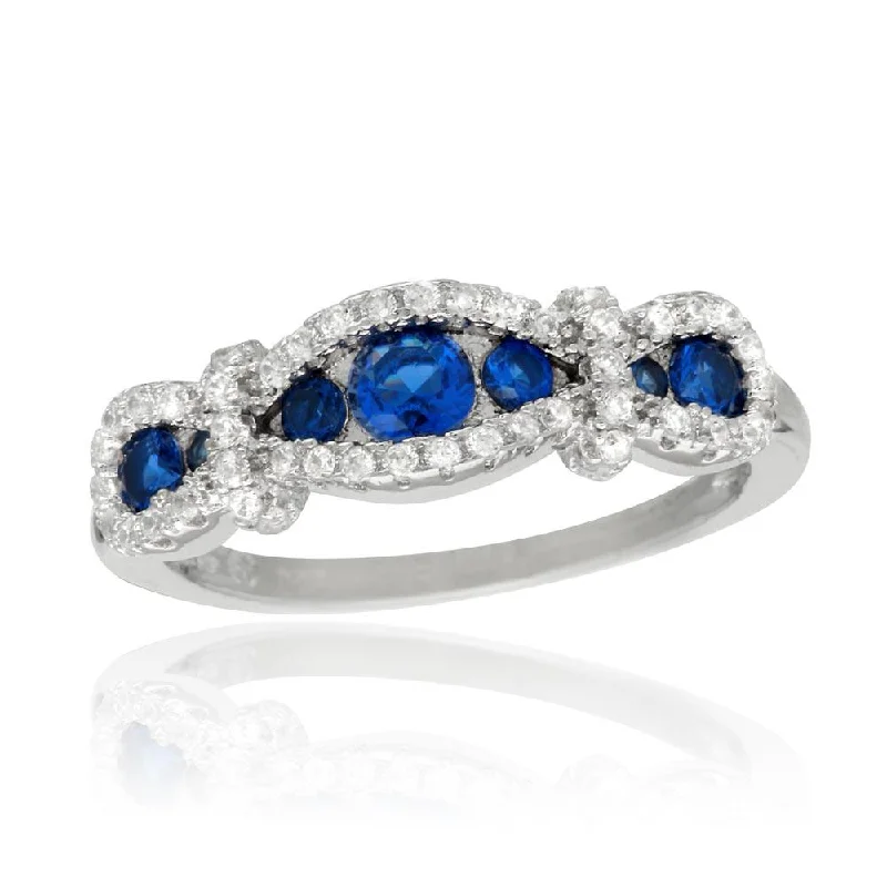 Luxury Diamond Wedding Rings-Rhodium Plated 925 Sterling Silver Knotted Blue CZ Ring - BGR01112BLU