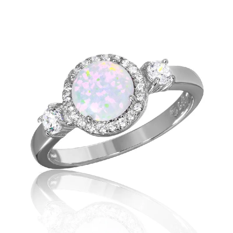 Bridal Diamond Rings-Silver 925 Rhodium Plated Halo Ring with Synthetic Opal and CZ - BGR01045