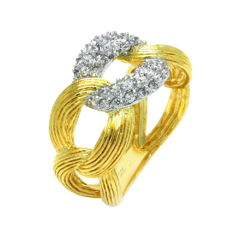 High-End Diamond Rings-Silver 925 Rhodium and Gold Plated 2 Toned Clear CZ Link Ring - BGR00357