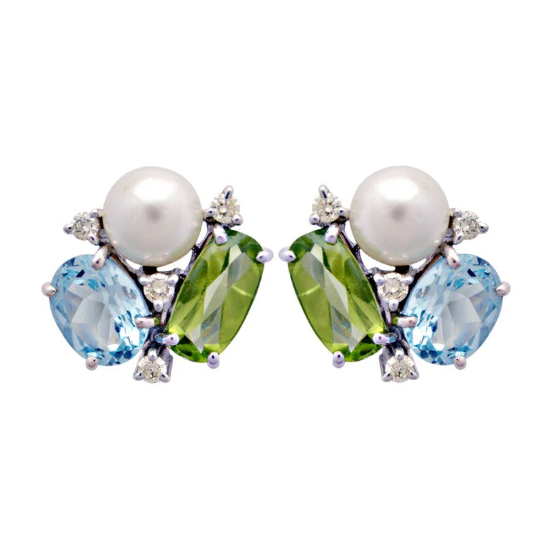 Fashion Earrings for Teens-Earrings-South Sea Pearl, Blue Topaz, Peridot and Diamond