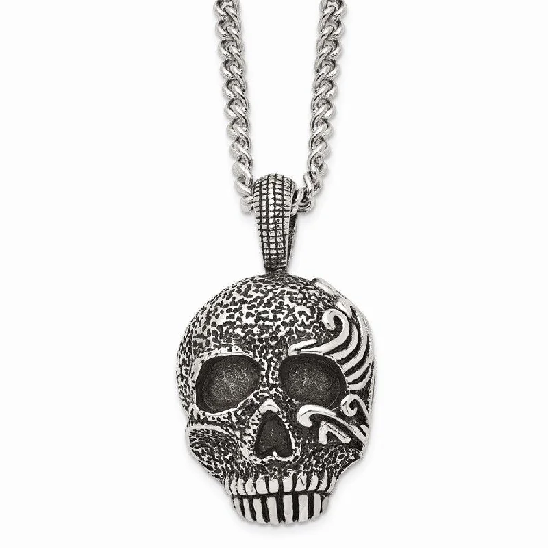 Bridal Pendant Necklaces-Stainless Steel Antiqued & Textured Skull 24in Necklace