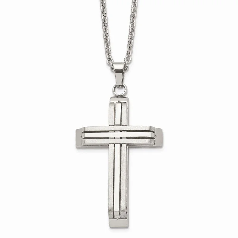 Silver Gemstone Necklaces-Stainless Steel Brushed and Polished Cross Necklace