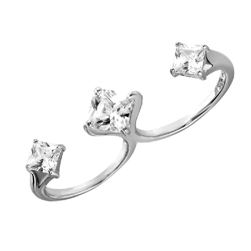 Unique Gold Engagement Rings-Silver 925 Rhodium Plated Two-Finger Open Ring with 3 CZ Accent Caps - BGR00984