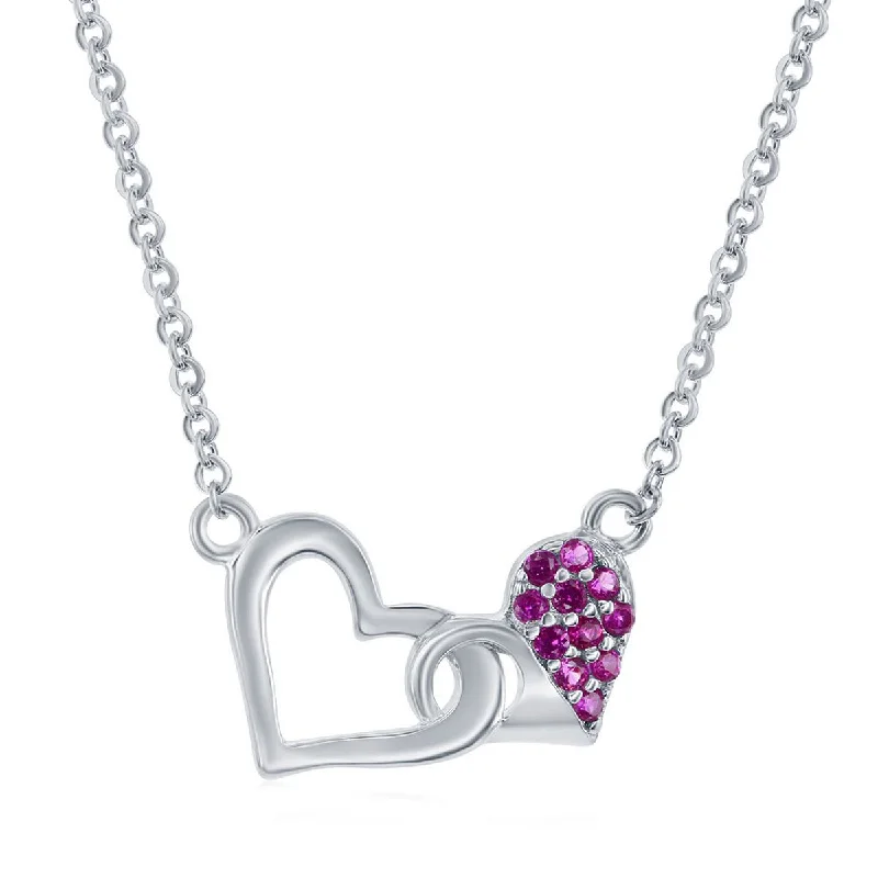 Simple Gold Pendant Necklaces-Classic Women's Necklace - Sterling Silver Pink CZ Double Heart | M-6879