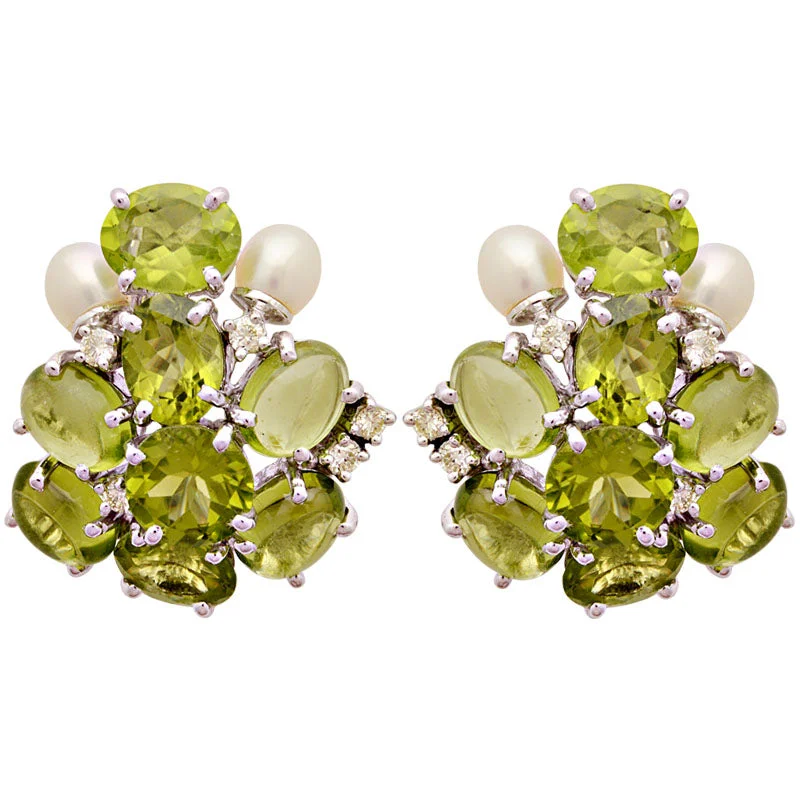 Round Hoop Earrings-Earrings-Peridot, Pearl and Diamond