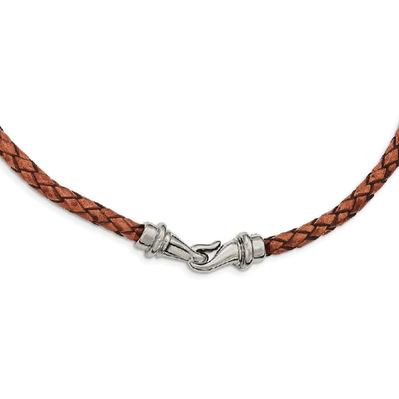 Designer Choker Necklaces-Stainless Steel Polished Woven Brown Leather Necklace