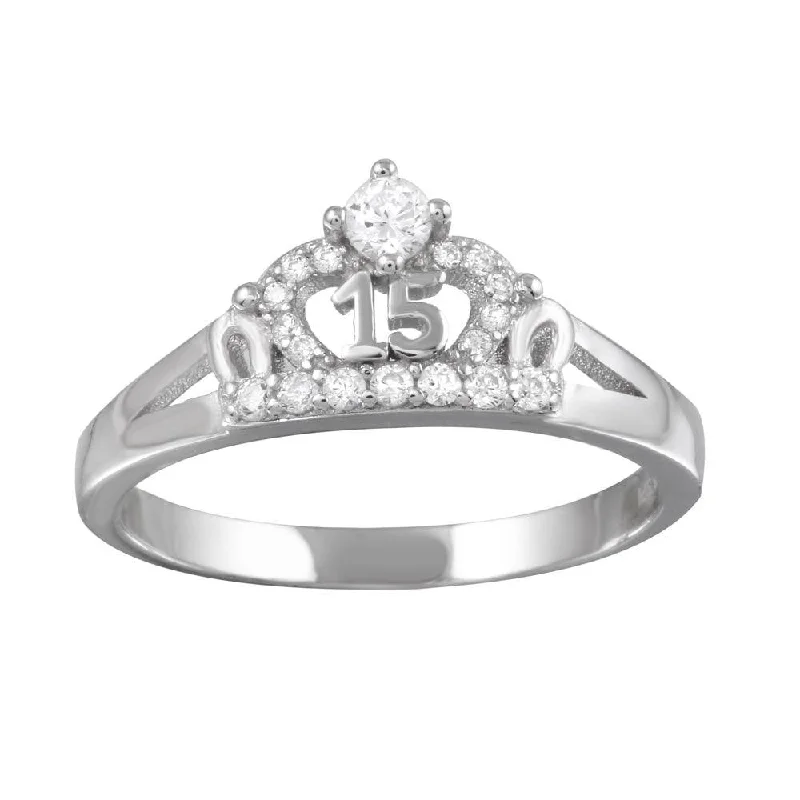 Stylish Solitaire Rings-Rhodium Plated 925 Sterling Silver Crown 15 Ring with CZ - TMR00004