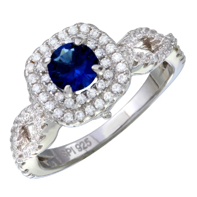 Sterling Silver Rings-Rhodium Plated 925 Sterling Silver  Blue and Clear CZ Ring - STR01090