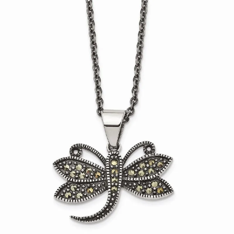 Luxury Crystal Pendant Necklaces-Stainless Steel Butterfly Marcasite Necklace