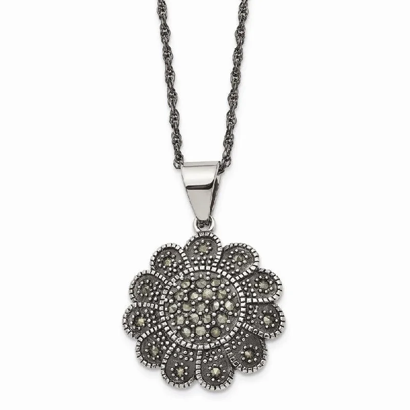 Beautiful Sapphire Necklaces-Stainless Steel Textured Flower Marcasite Necklace