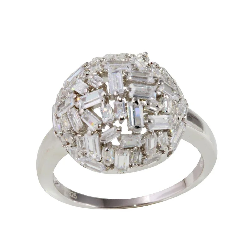 Trendy Silver Rings-Rhodium Plated 925 Sterling Silver Half Sphere Ring with Rectangle CZ - STR01070