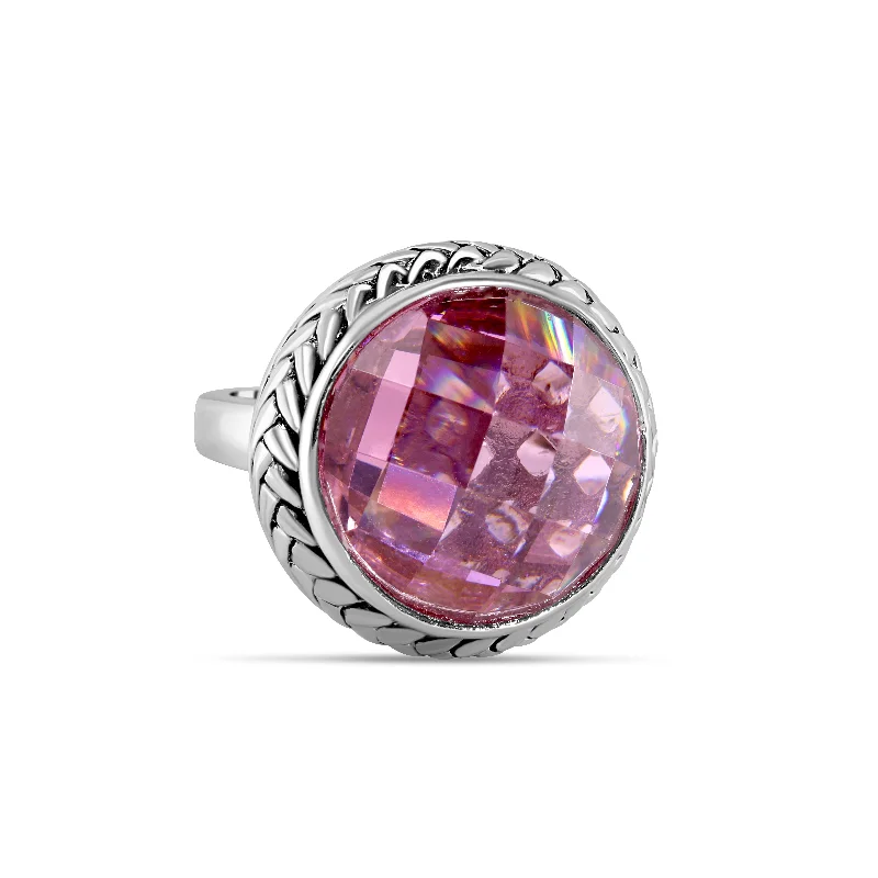 Customizable Wedding Rings-Rhodium Plated 925 Sterling Silver Dome Style Light Amethyst Pink Ring - STR00246