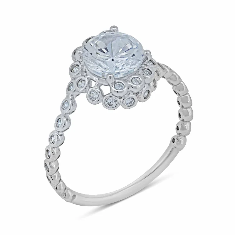 Customizable Diamond Rings-Silver 925 Rhodium Plated Bubble Shank Round Center CZ Ring - BGR01038