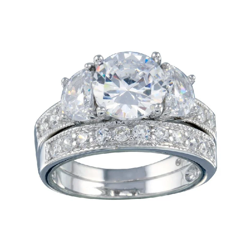 Custom Wedding Sets-Rhodium Plated 925 Sterling Silver Clear Round Center CZ Bridal Ring Set - BGR00069