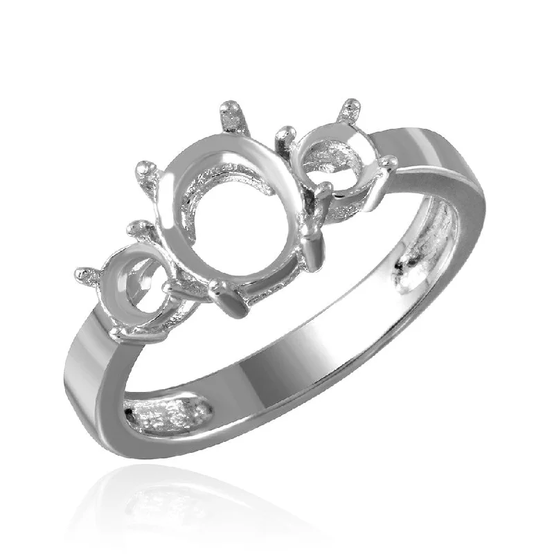 Adjustable Silver Rings-Silver 925 Rhodium Plated 3 Stone Oval Center Mounting Ring - BGR00483