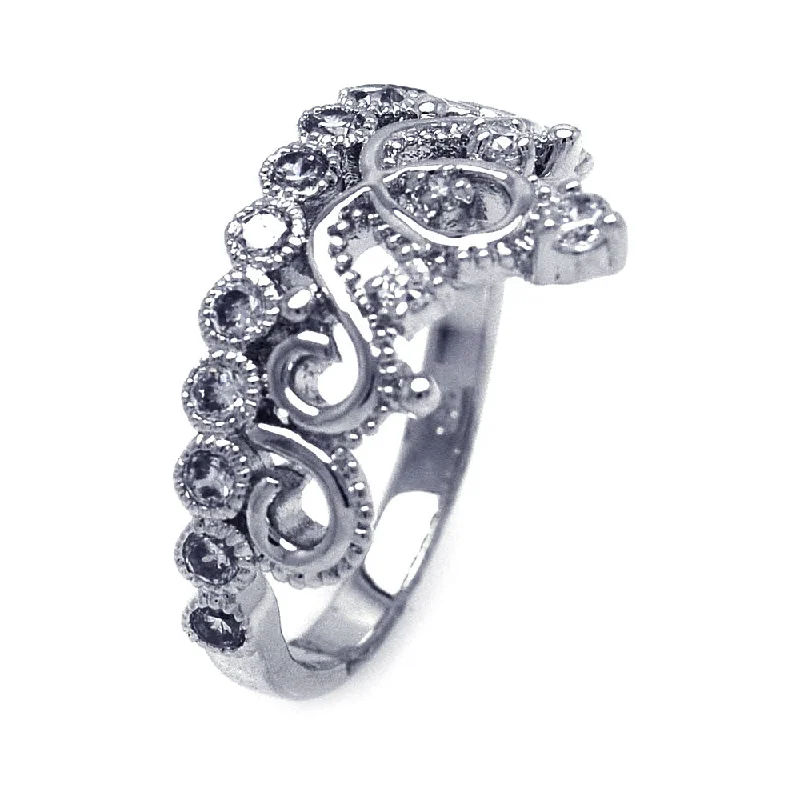 Customizable Rings for Women-Silver 925 Rhodium Plated Crown Pear and Round CZ Ring - BGR00113