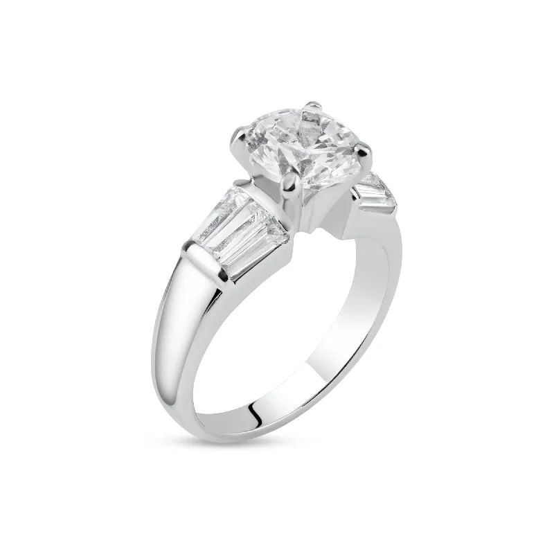 Colored Diamond Rings-Rhodium Plated 925 Sterling Silver Clear Baguette Round Center CZ Bridal Ring - BGR00015