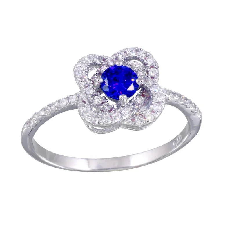 Women’s Statement Rings-Rhodium Plated 925 Sterling Silver CZ Knot Blue Center Stone Ring - BGR01141BLU