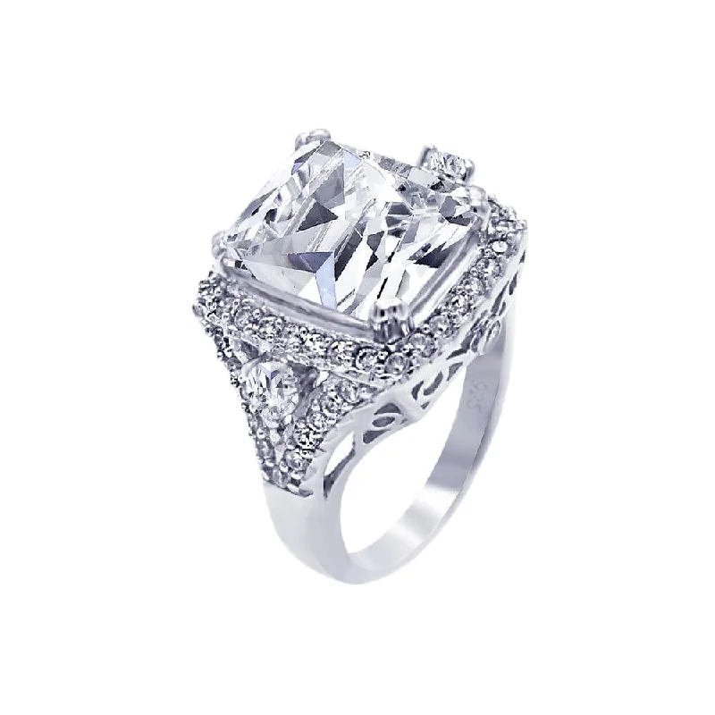 Trendy Engagement Ring Sets-Silver 925 Rhodium Plated Pave Clear Square Center Cluster CZ Ring - ACR00029