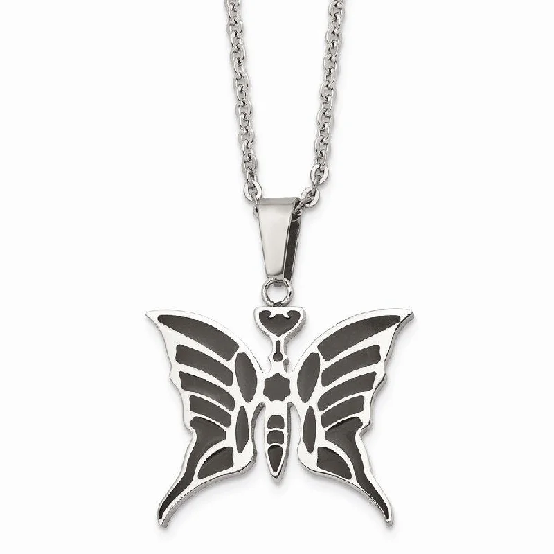 Luxurious Silver Necklaces-Stainless Steel Butterfly w/Enamel 20in w/ext Necklace