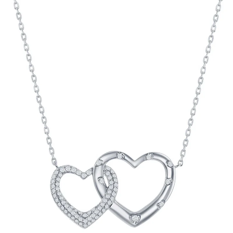 Statement Silver Necklaces-Classic Women's Necklace - Sterling Silver Micro Pave CZ Interlocking Hearts | M-6630