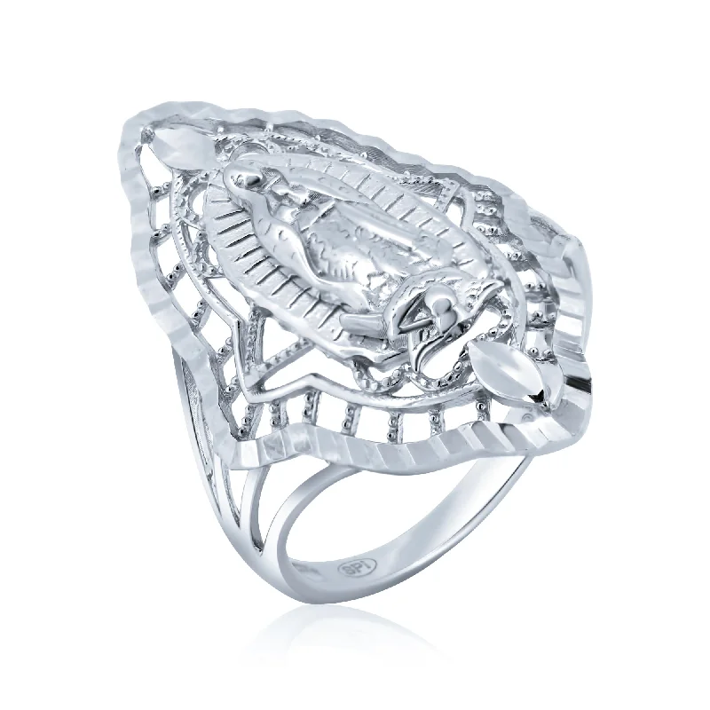 Modern Wedding Rings-Silver Rhodium Plated Diamond Cut Filigree Guadalupe CZ Ring - GMR00364