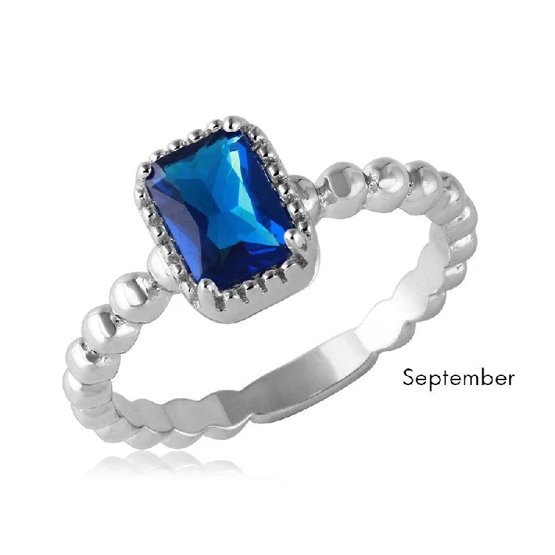 Fashionable Wedding Ring Sets-September Sterling 925 Silver Rhodium Plated Beaded Shank Square Center Birthstone Ring - BGR01081SEP