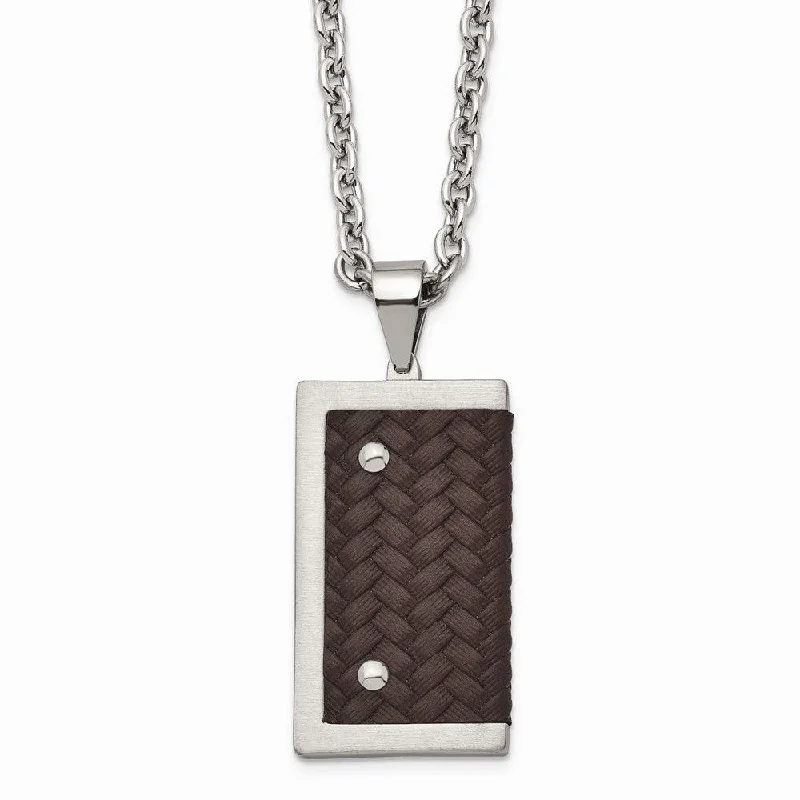 Personalized Gemstone Necklaces-Stainless Steel Reversible Brushed & Polished with Brown Leather Necklace