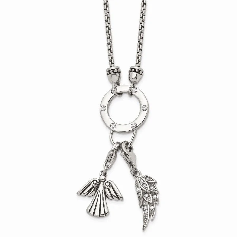 Gold Infinity Necklaces-Stainless Steel Polished Feather & Angel CZ Charms w/2in ext. Necklace