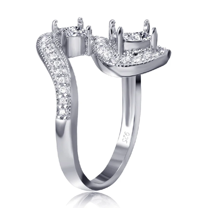 Modern Wedding Ring Sets-Silver 925 Rhodium Plated Wave CZ Mounting Ring - BGR00812