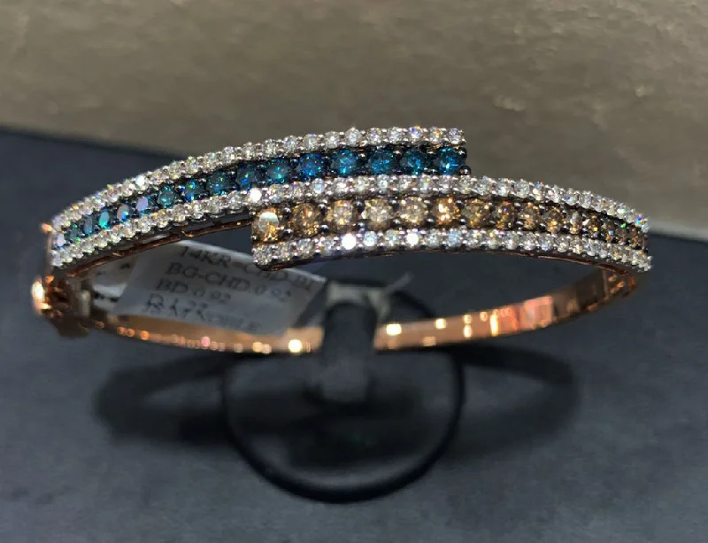 Dainty Gold Bangles-14k Rose Gold Chocolate, Blue & White Diamond Bangle