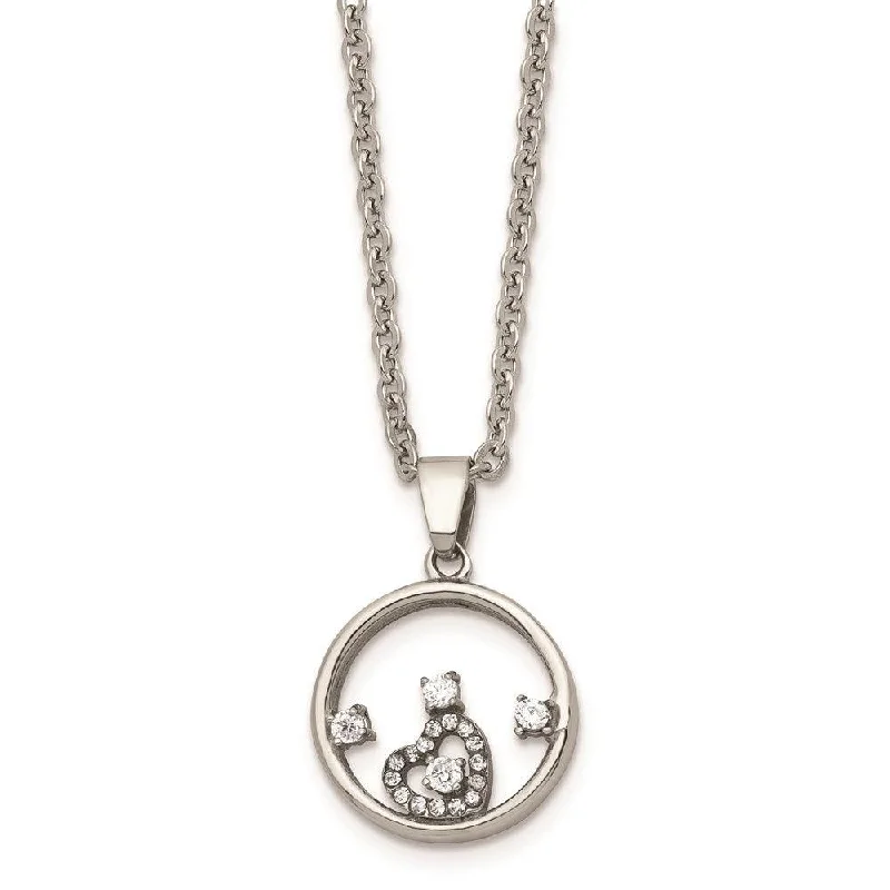 Vintage Chain Necklaces-Stainless Steel Round with Heart CZ Polished Necklace