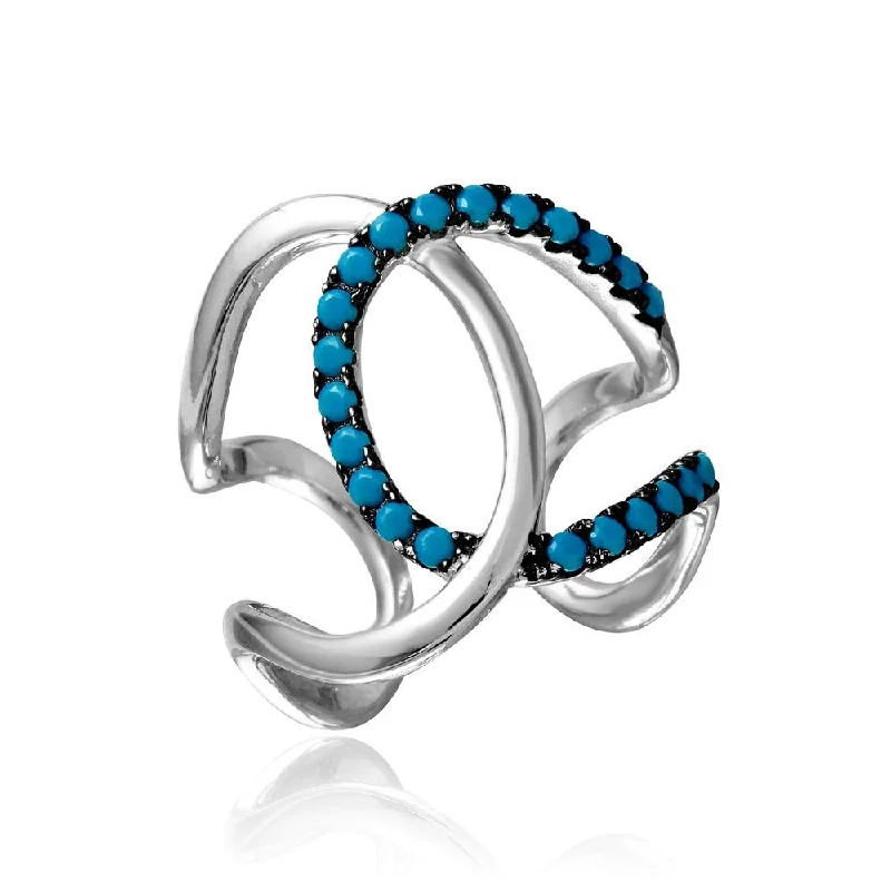 Personalized Diamond Rings-Rhodium Plated 925 Sterling Silver Open Ended Interlock Ring with Turquoise Stones - BGR01099