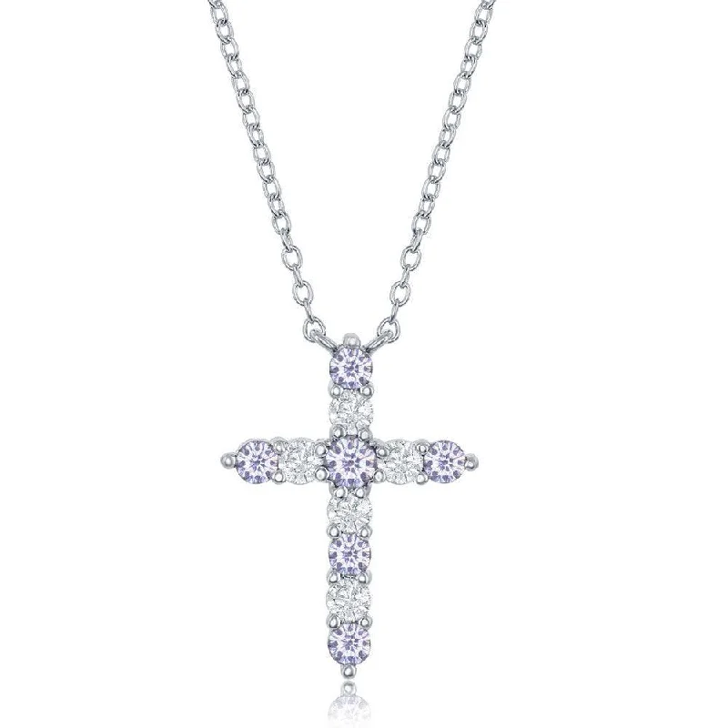 Elegant Dainty Necklaces-Sterling Silver Lavender CZ June Birthstone Cross Necklace