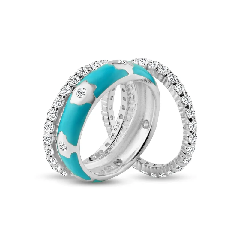 Bold Wedding Bands-Silver 925 Rhodium Plated Blue Enamel CZ Flower Stackable Ring Set - STR00553