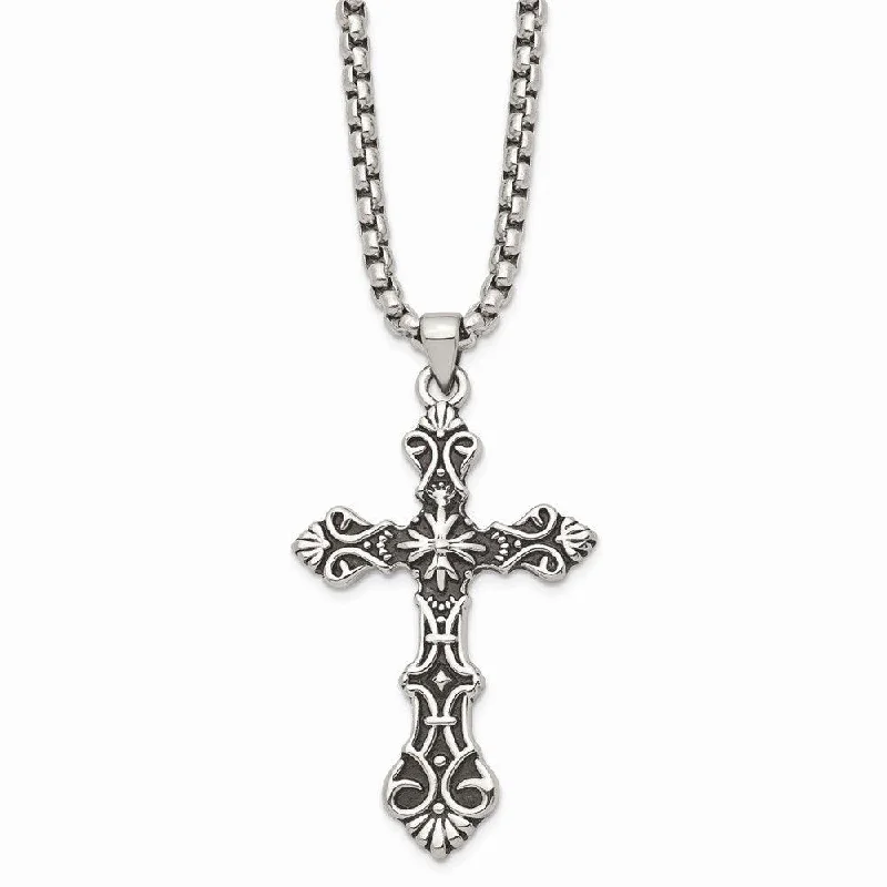 Handcrafted Gemstone Pendant Necklaces-Stainless Steel Polished and Antiqued Cross Necklace