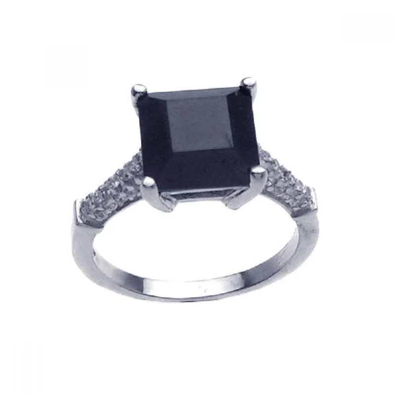 Stunning Gemstone Rings-Silver 925 Rhodium Plated Black Square Center Pave Set Clear CZ Ring - STR00635