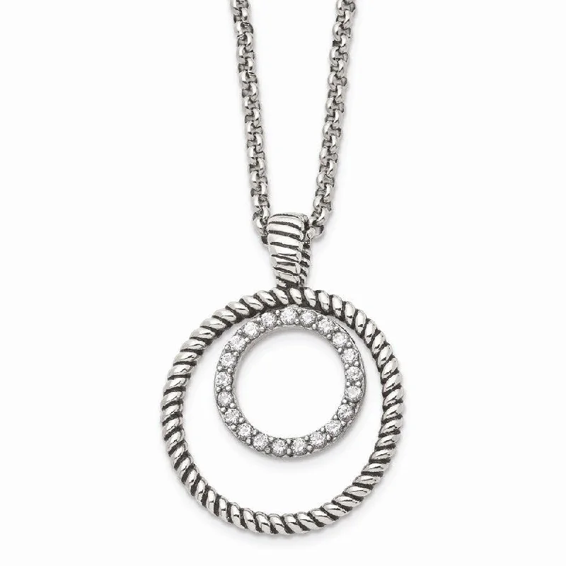 Unique Chain Necklaces-Stainless Steel Polished and Antiqued CZ Circle Necklace