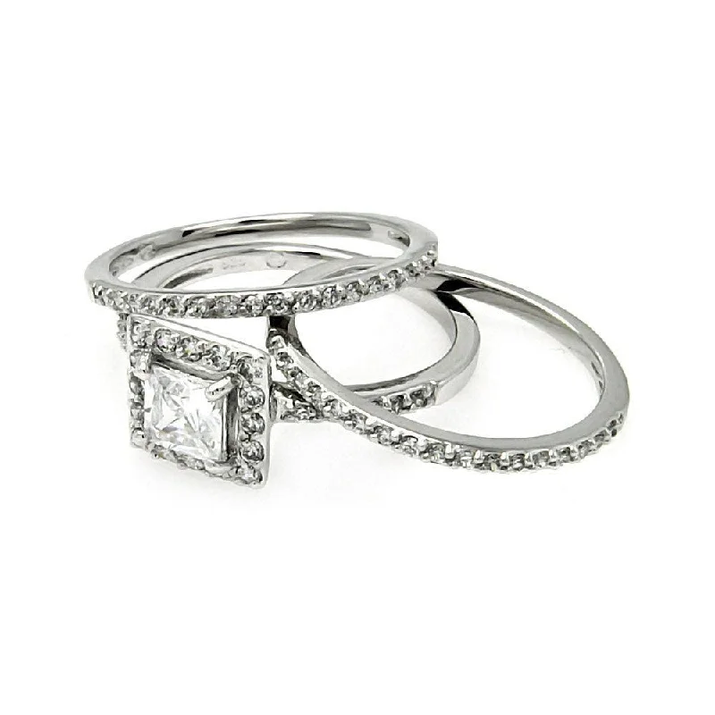 Wedding Ring Bands for Women-Silver 925 Rhodium Plated Square Clear CZ Stackable Bridal Ring Set - BGR00451