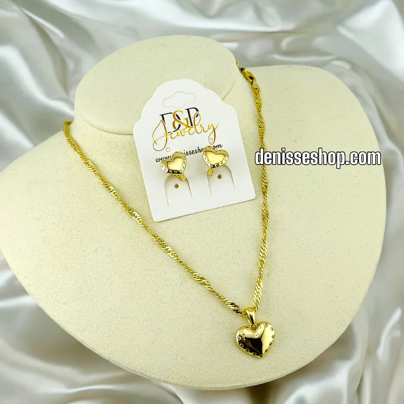 Elegant Long Necklaces-14K WOMEN/GIRL WHITE SPARKLE HEART NECKLACE / EARRING SET N54